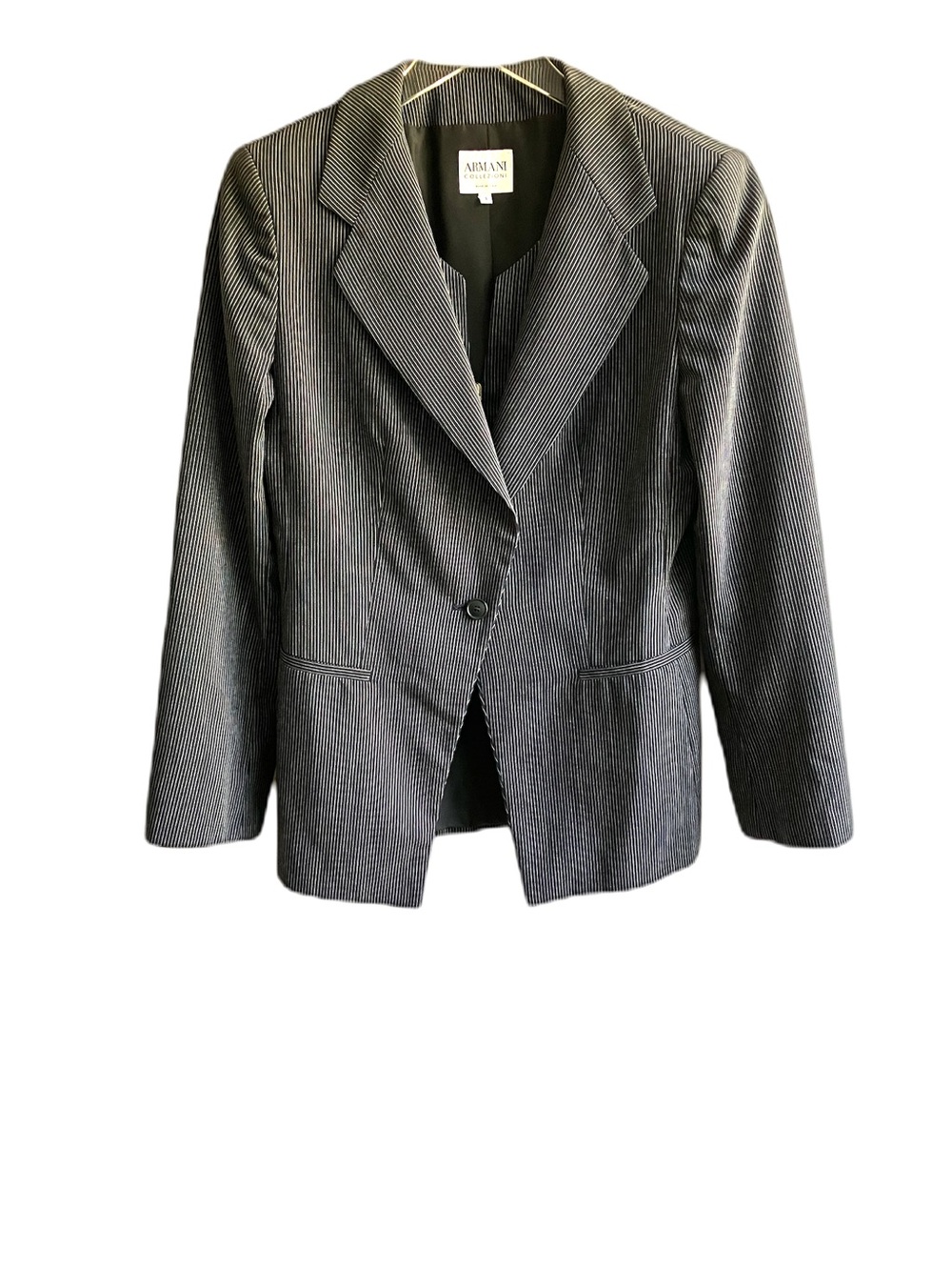 Armani Collezioni Black Blazer Size 8 Wool White Pinstripes Office Jacket Work